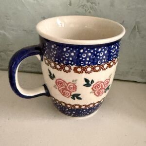 Polish Pottery Boleslawiec Mug Blue Rose Hand Painted Poland 1990s 2000s